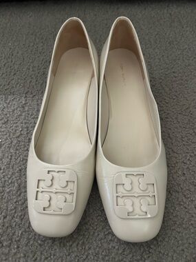 Tory Burch Cream Leather Logo Square-Toe Ballet Flats